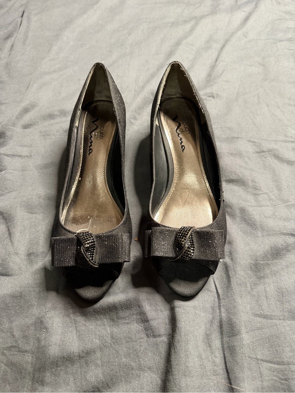 Touch of Nina Black Peep-Toe Heels with Bow and Rhinestone Accent